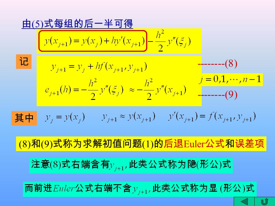 由 (5) 式每组的后一半可得 记 其中 (8) (9) (8) 和 (9) 式称为求解初值问题 (1) 的后退 Euler 公式和误差项