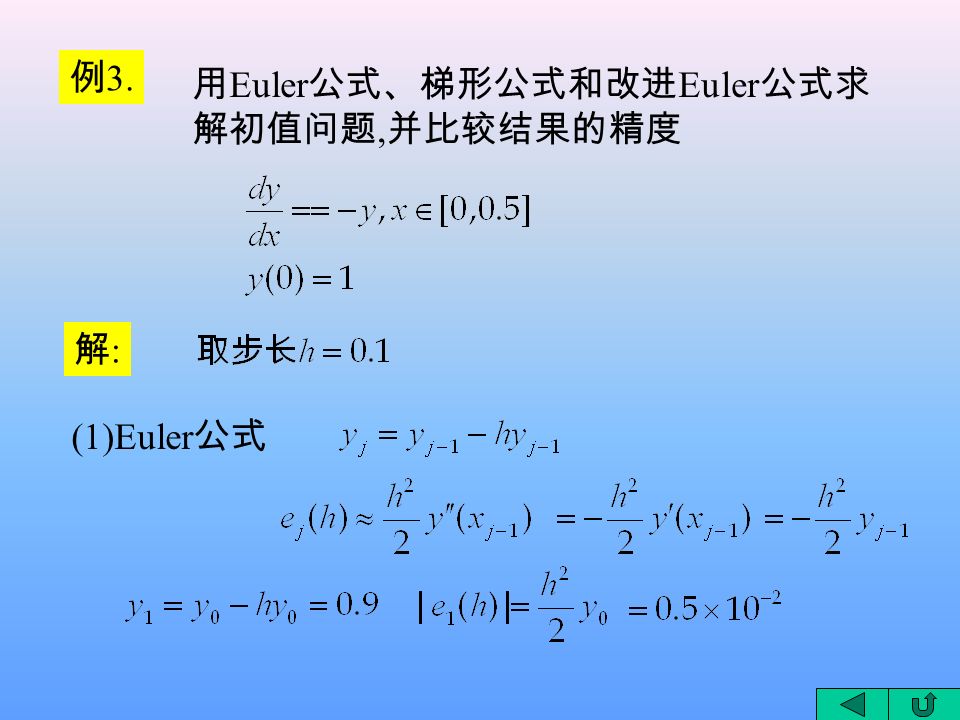 例 3. 用 Euler 公式、梯形公式和改进 Euler 公式求 解初值问题, 并比较结果的精度 解:解: (1)Euler 公式
