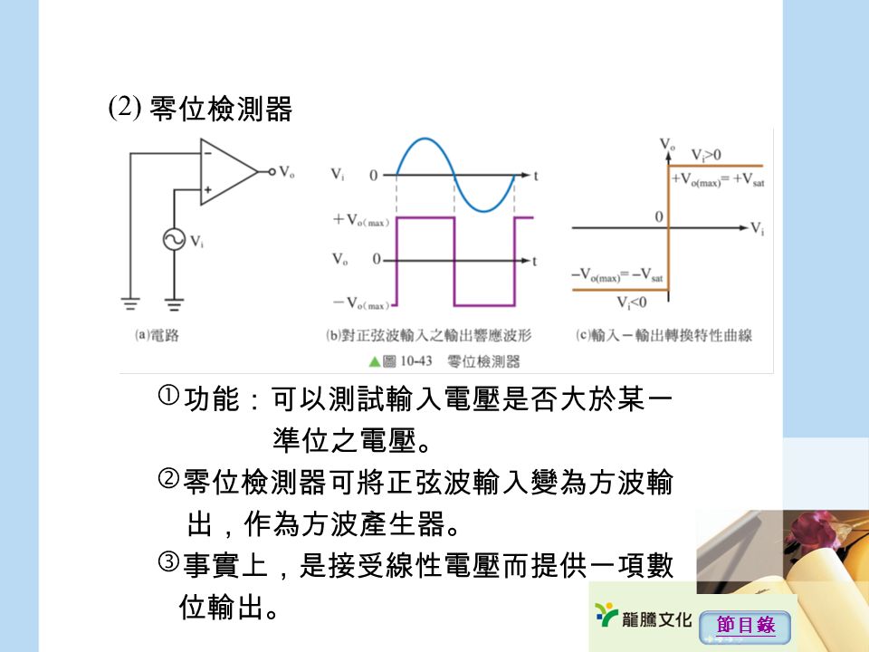 (2) 零位檢測器 功能：可以測試輸入電壓是否大於某一 準位之電壓。 零位檢測器可將正弦波輸入變為方波輸 出，作為方波產生器。 事實上，是接受線性電壓而提供一項數 位輸出。 節目錄