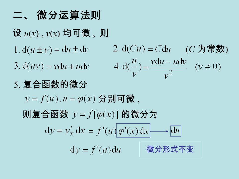 二、 微分运算法则 设 u(x), v(x) 均可微, 则 (C 为常数 ) 分别可微, 的微分为 微分形式不变 5. 复合函数的微分 则复合函数