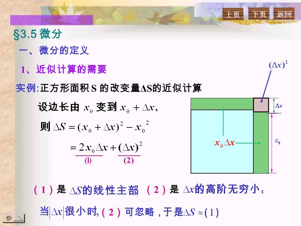§3.5 微分 实例 : 正方形面积 S 的改变量 ΔS 的近似计算 1 、近似计算的需要 （1）是（1）是（2）是（2）是 （ 2 ）可忽略， 一、微分的定义