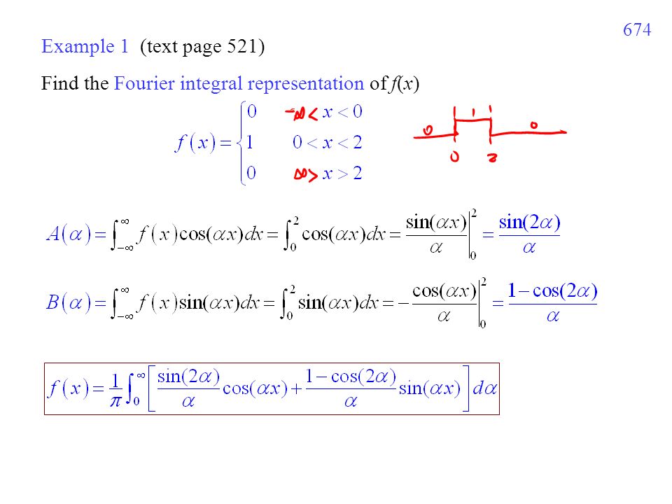 674 Example 1 (text page 521) Find the Fourier integral representation of f(x)