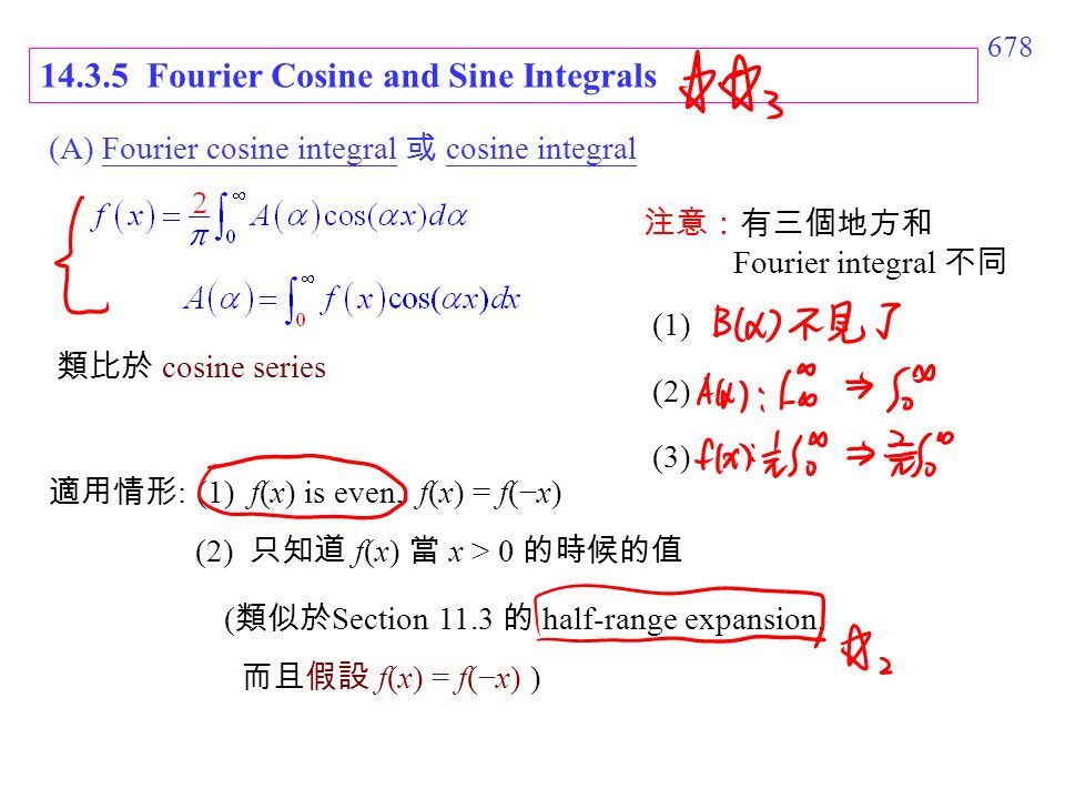 Fourier Cosine and Sine Integrals (A) Fourier cosine integral 或 cosine integral 類比於 cosine series 適用情形 : (1) f(x) is even, f(x) = f(−x) (2) 只知道 f(x) 當 x > 0 的時候的值 ( 類似於 Section 11.3 的 half-range expansion, 而且假設 f(x) = f(−x) ) 注意：有三個地方和 Fourier integral 不同 (1) (2) (3)