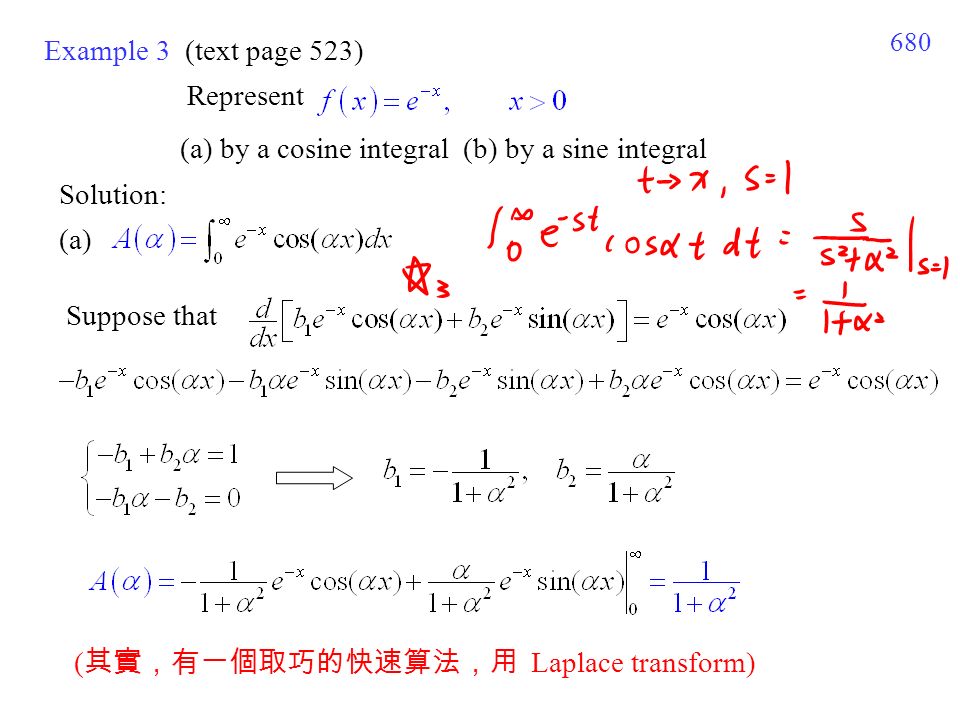 680 Example 3 (text page 523) (a) by a cosine integral (b) by a sine integral Suppose that (a) Represent Solution: ( 其實，有一個取巧的快速算法，用 Laplace transform)