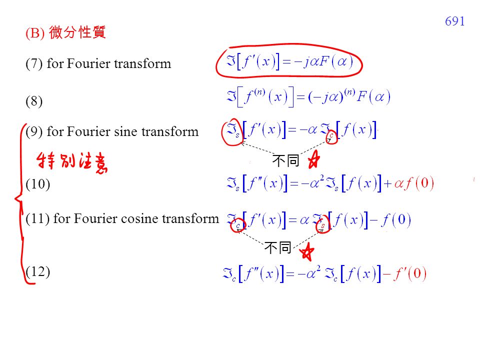 691 (B) 微分性質 (7) for Fourier transform (9) for Fourier sine transform (8) (10) (11) for Fourier cosine transform (12) 不同