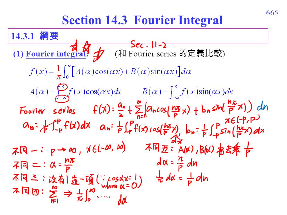 665 Section 14.3 Fourier Integral 綱要 (1) Fourier integral: ( 和 Fourier series 的定義比較 )