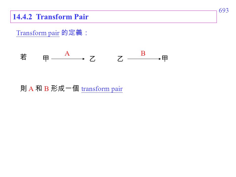 Transform Pair 則 A 和 B 形成一個 transform pair 若 甲 A 乙乙甲 B Transform pair 的定義：
