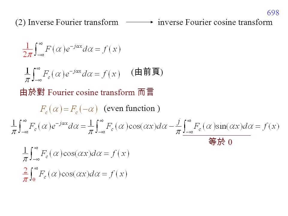 698 由於對 Fourier cosine transform 而言 (even function ) (2) Inverse Fourier transform inverse Fourier cosine transform ( 由前頁 ) 等於 0