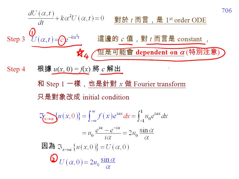 706 對於 t 而言，是 1 st order ODE 這邊的 c 值，對 t 而言是 constant ， 但是可能會 dependent on  ( 特別注意 ) 根據 u(x, 0) = f(x) 將 c 解出 Step 3 Step 4 和 Step 1 一樣，也是針對 x 做 Fourier transform 只是對象改成 initial condition 因為