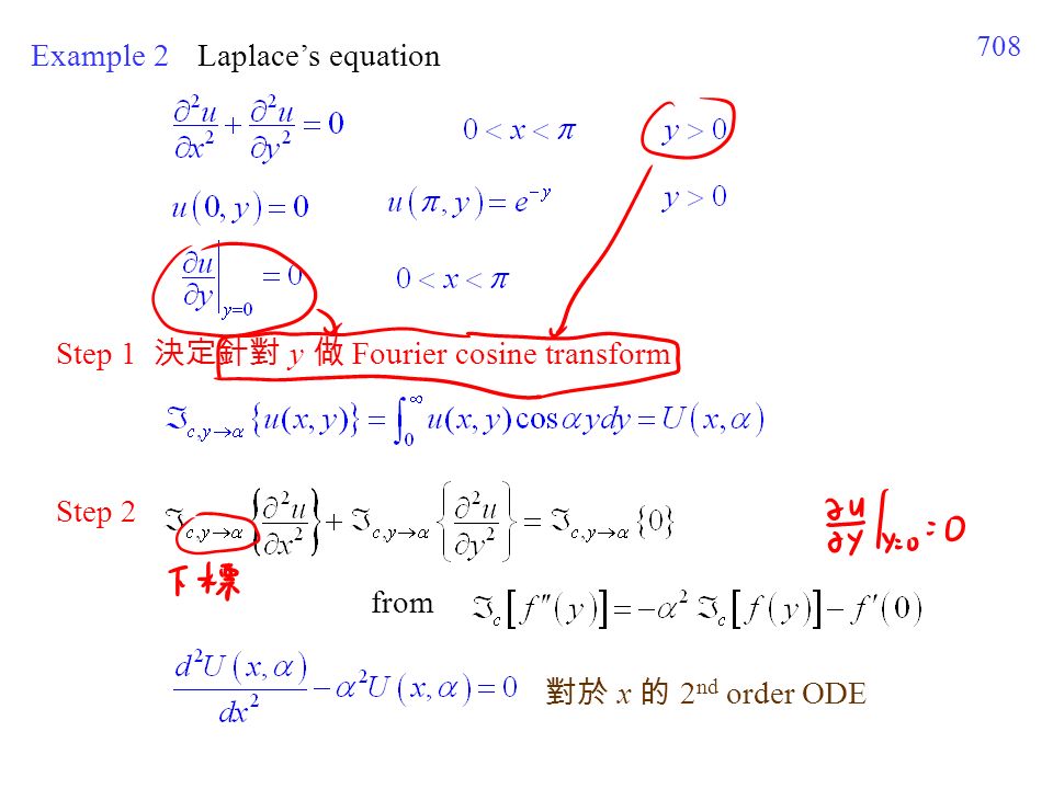 708 Example 2Laplace’s equation Step 1 決定針對 y 做 Fourier cosine transform Step 2 對於 x 的 2 nd order ODE from