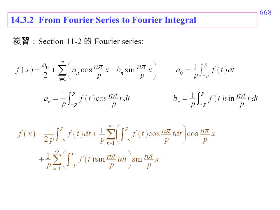 From Fourier Series to Fourier Integral 複習： Section 11-2 的 Fourier series: