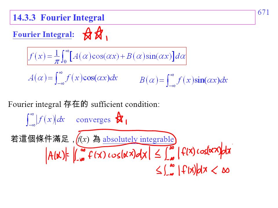 Fourier Integral Fourier integral 存在的 sufficient condition: converges 若這個條件滿足， f(x) 為 absolutely integrable Fourier Integral: