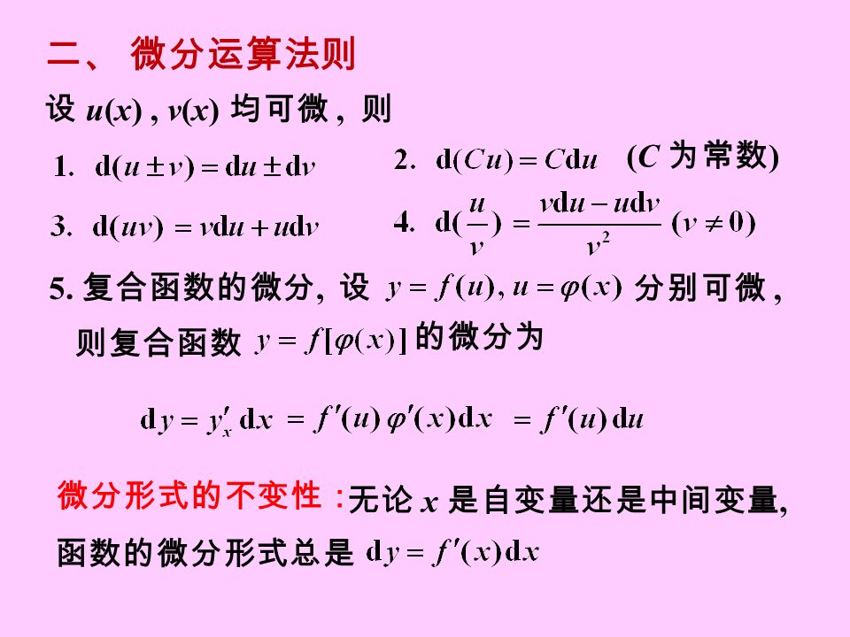 二、 微分运算法则 设 u(x), v(x) 均可微, 则 (C 为常数 ) 分别可微, 5.