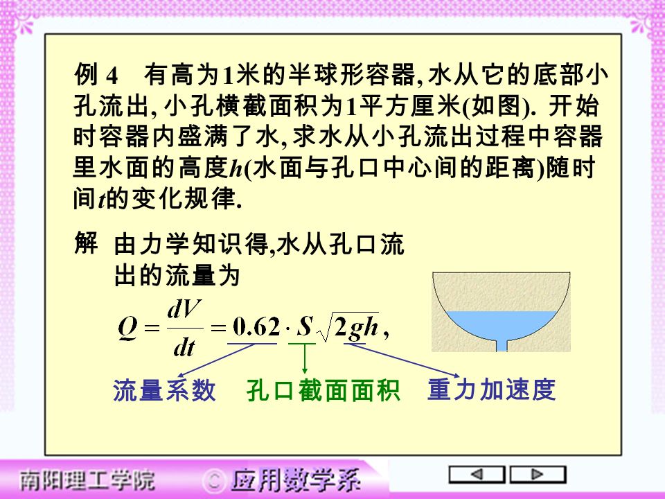例 4例 4 有高为 1 米的半球形容器, 水从它的底部小 孔流出, 小孔横截面积为 1 平方厘米 ( 如图 ).