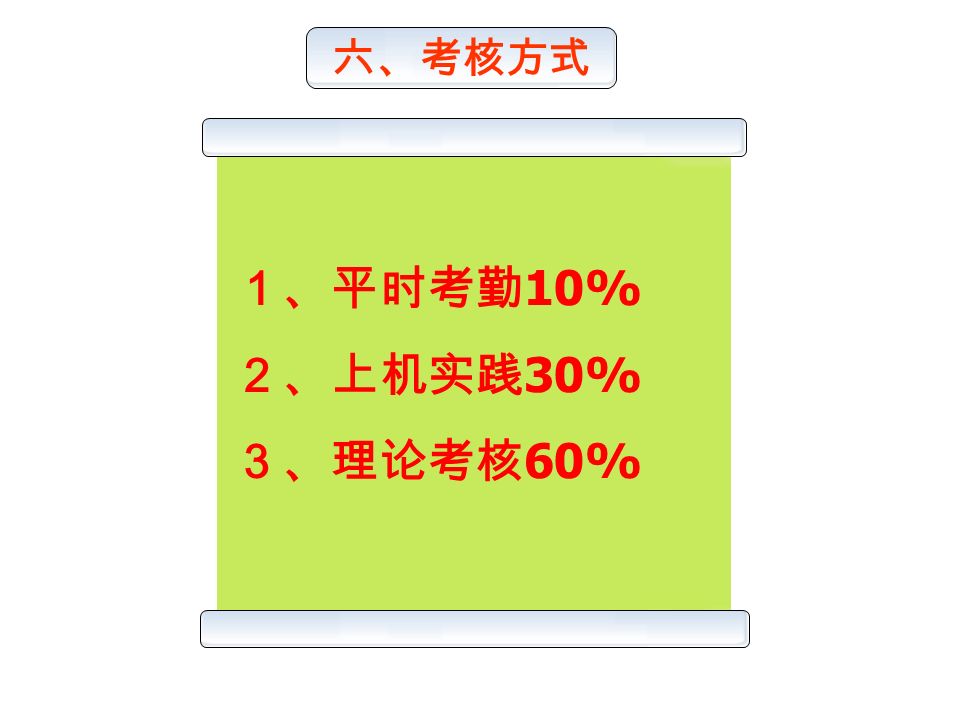 六、考核方式 １、平时考勤 10% ２、上机实践 30% ３、理论考核 60%