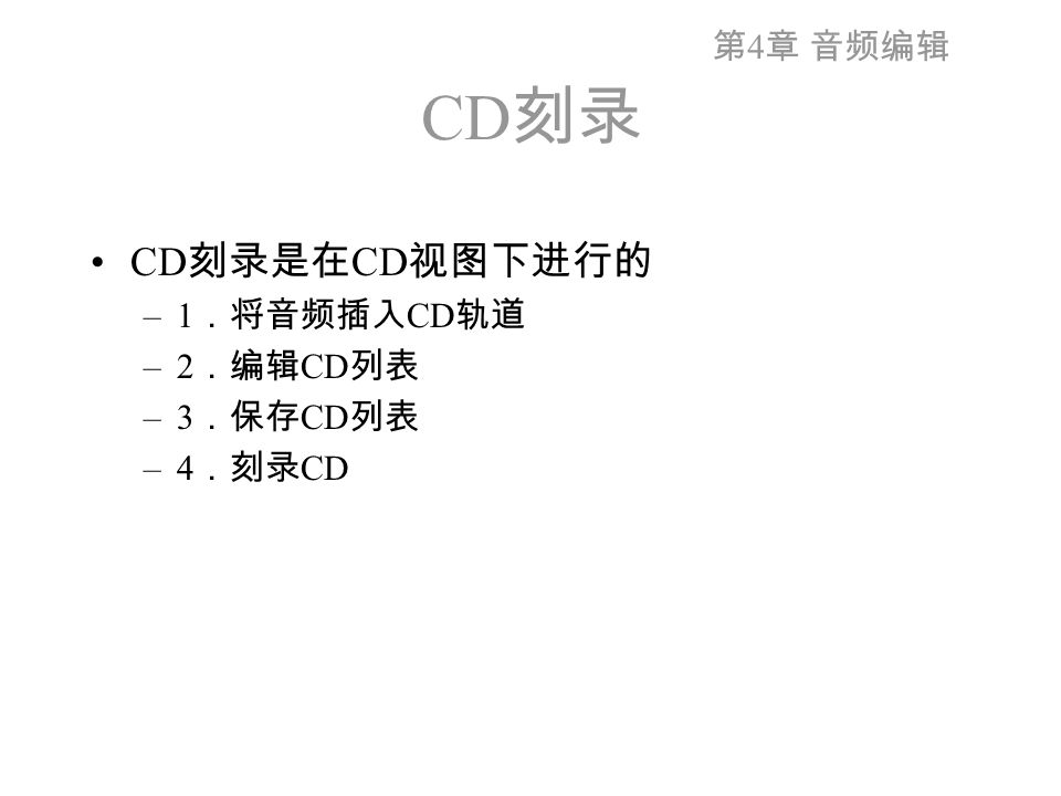 第 4 章 音频编辑 CD 刻录是在 CD 视图下进行的 –1 ．将音频插入 CD 轨道 –2 ．编辑 CD 列表 –3 ．保存 CD 列表 –4 ．刻录 CD CD 刻录