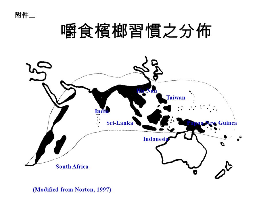 嚼食檳榔習慣之分佈 Taiwan India Sri-LankaPapua New Guinea South Africa Indonesia Hu-Nan (Modified from Norton, 1997) 附件三