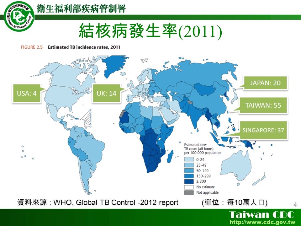 結核病發生率 (2011) 4 資料來源 : WHO, Global TB Control report ( 單位：每 10 萬人口 )