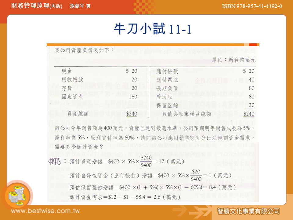 ISBN 財務管理原理 ( 再版 ) 謝劍平 著 牛刀小試 11-1