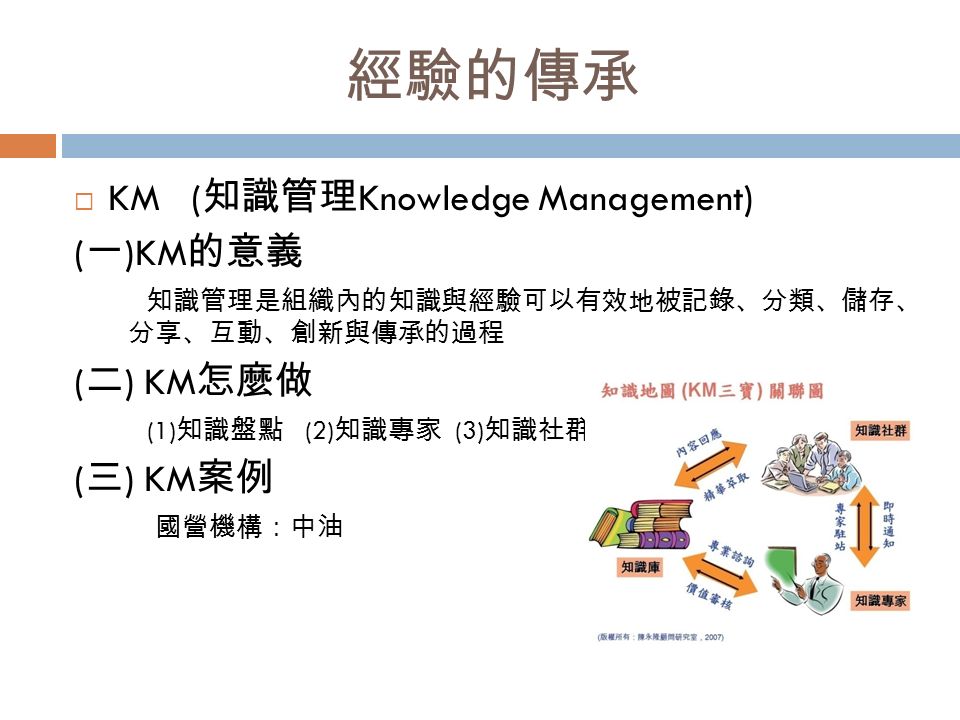 經驗的傳承  KM ( 知識管理 Knowledge Management) ( 一 )KM 的意義 知識管理是組織內的知識與經驗可以有效地被記錄、分類、儲存、 分享、互動、創新與傳承的過程 ( 二 ) KM 怎麼做 (1) 知識盤點 (2) 知識專家 (3) 知識社群 ( 三 ) KM 案例 國營機構：中油