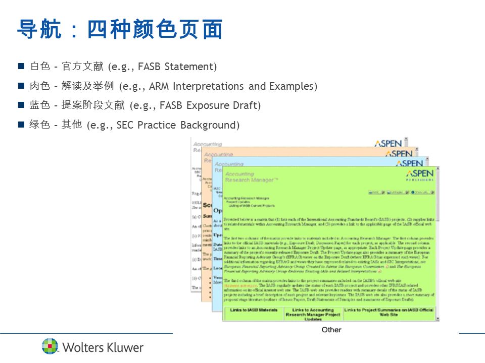 导航：四种颜色页面 白色 – 官方文献 (e.g., FASB Statement) 肉色 – 解读及举例 (e.g., ARM Interpretations and Examples) 蓝色 – 提案阶段文献 (e.g., FASB Exposure Draft) 绿色 – 其他 (e.g., SEC Practice Background)