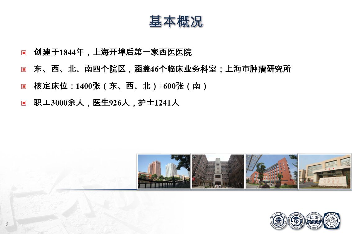 创建于 1844 年，上海开埠后第一家西医医院 东、西、北、南四个院区，涵盖 46 个临床业务科室；上海市肿瘤研究所 核定床位： 1400 张（东、西、北） +600 张（南） 职工 3000 余人，医生 926 人，护士 1241 人 3