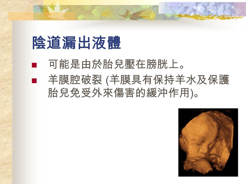 陰道漏出液體 可能是由於胎兒壓在膀胱上。 羊膜腔破裂 ( 羊膜具有保持羊水及保護 胎兒免受外來傷害的緩沖作用 ) 。