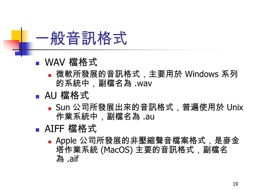 19 一般音訊格式 WAV 檔格式 微軟所發展的音訊格式，主要用於 Windows 系列 的系統中，副檔名為.wav AU 檔格式 Sun 公司所發展出來的音訊格式，普遍使用於 Unix 作業系統中，副檔名為.au AIFF 檔格式 Apple 公司所發展的非壓縮聲音檔案格式，是麥金 塔作業系統 (MacOS) 主要的音訊格式，副檔名 為.aif