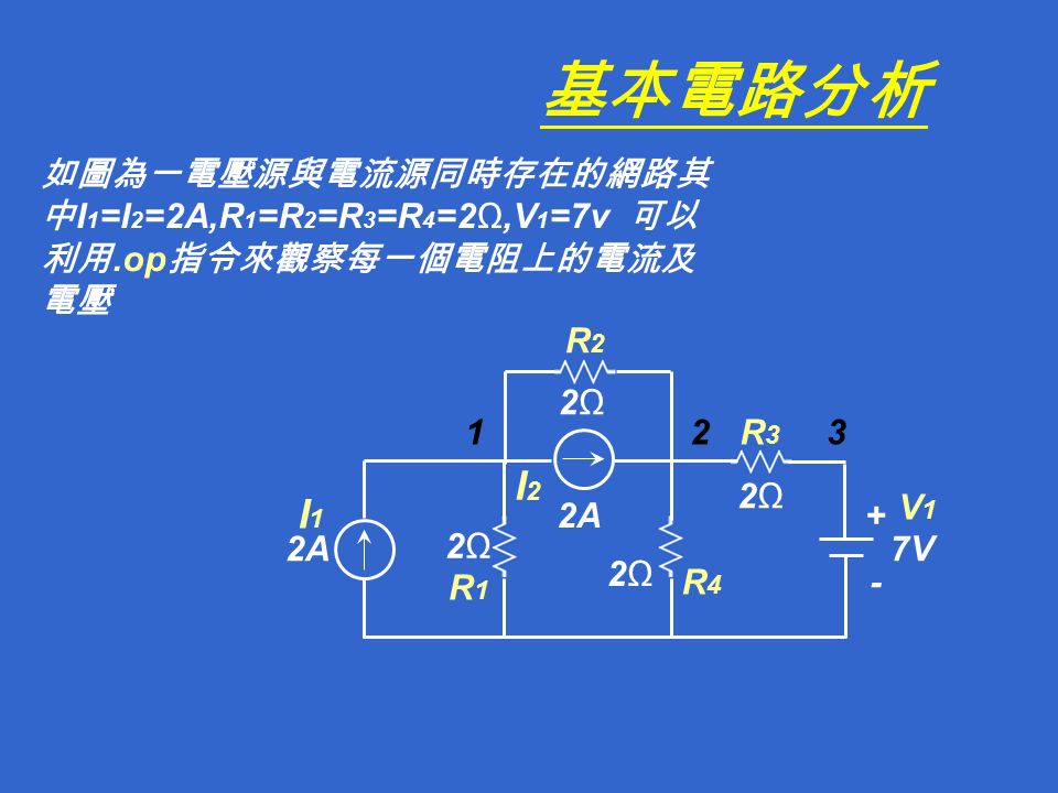 2Ω2Ω R4R4 R2R Ω2Ω 2Ω2Ω 2A 2Ω2Ω 7V R1R1 R3R3 I1I1 I2I2 V1V1 基本電路分析 如圖為一電壓源與電流源同時存在的網路其 中 I 1 =I 2 =2A,R 1 =R 2 =R 3 =R 4 =2Ω,V 1 =7v 可以 利用.op 指令來觀察每一個電阻上的電流及 電壓