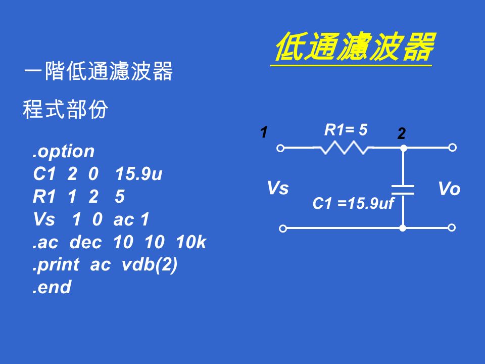 低通濾波器 R1= 5 C1 =15.9uf Vs Vo 一階低通濾波器 程式部份.option C u R Vs 1 0 ac 1.ac dec k.print ac vdb(2).end 2 1