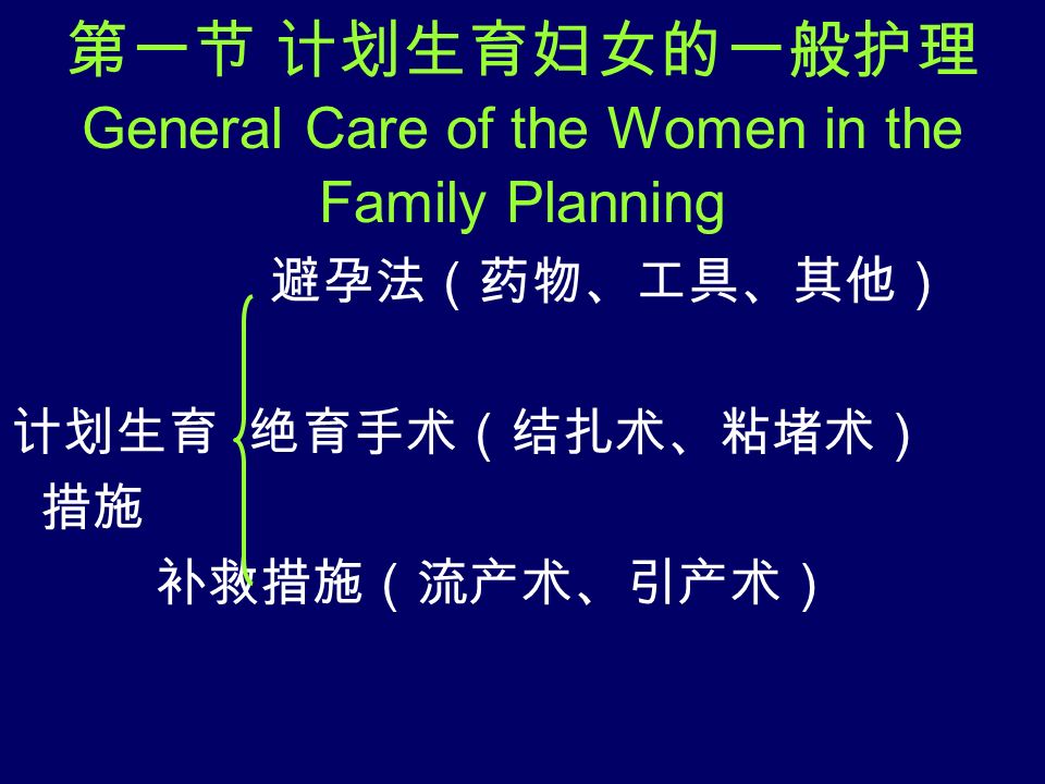 第一节 计划生育妇女的一般护理 General Care of the Women in the Family Planning 避孕法（药物、工具、其他） 计划生育 绝育手术（结扎术、粘堵术） 措施 补救措施（流产术、引产术）