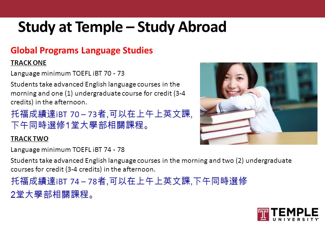 Global Programs Language Studies TRACK ONE Language minimum TOEFL iBT Students take advanced English language courses in the morning and one (1) undergraduate course for credit (3-4 credits) in the afternoon.