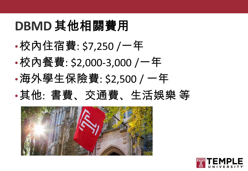 DBMD 其他相關費用 校內住宿費 : $7,250 / 一年 校內餐費 : $2,000-3,000 / 一年 海外學生保險費 : $2,500 / 一年 其他 : 書費、交通費、生活娛樂 等