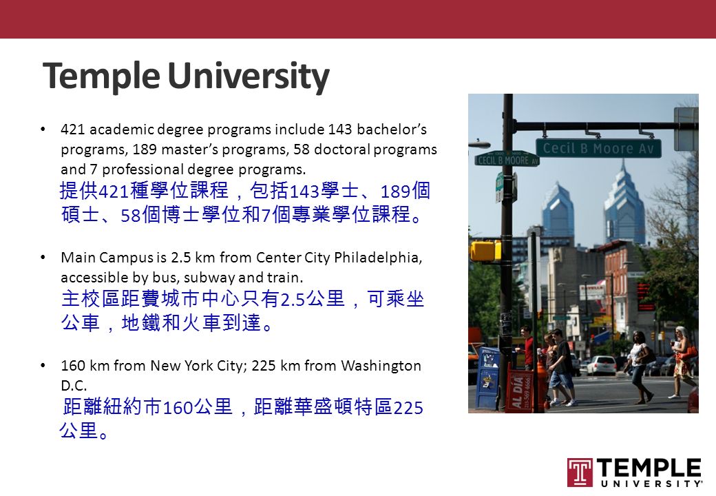 Temple University 421 academic degree programs include 143 bachelor’s programs, 189 master’s programs, 58 doctoral programs and 7 professional degree programs.