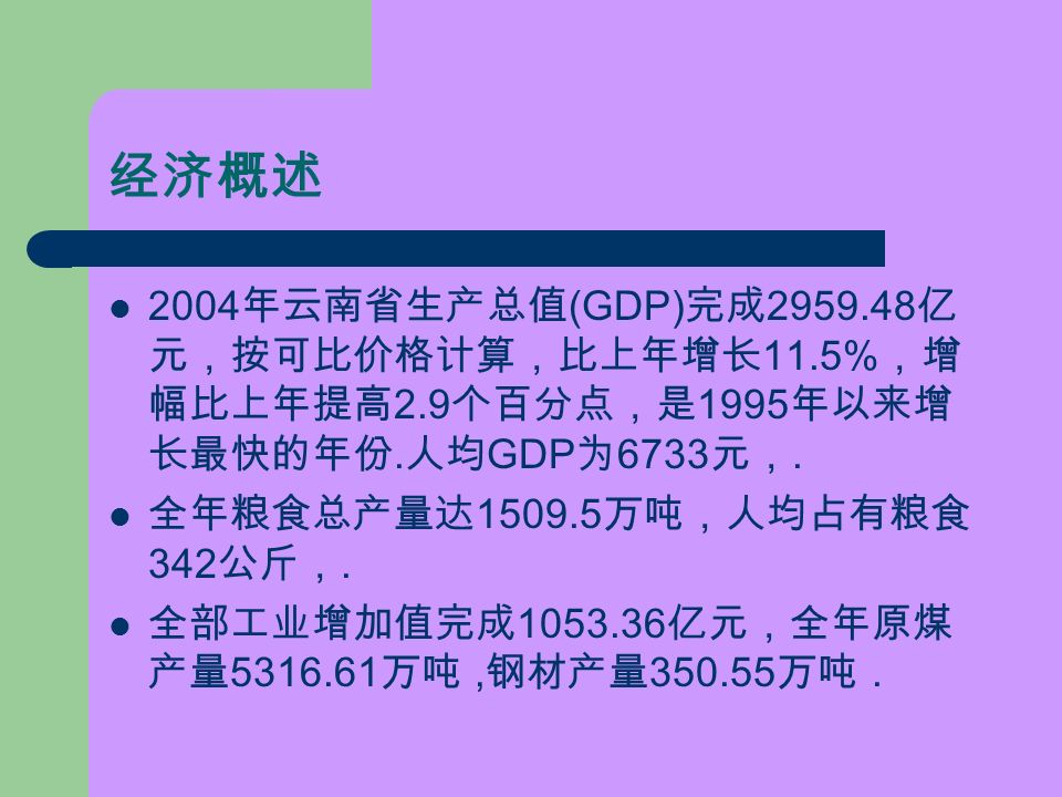 经济概述 2004 年云南省生产总值 (GDP) 完成 亿 元，按可比价格计算，比上年增长 11.5% ，增 幅比上年提高 2.9 个百分点，是 1995 年以来增 长最快的年份.