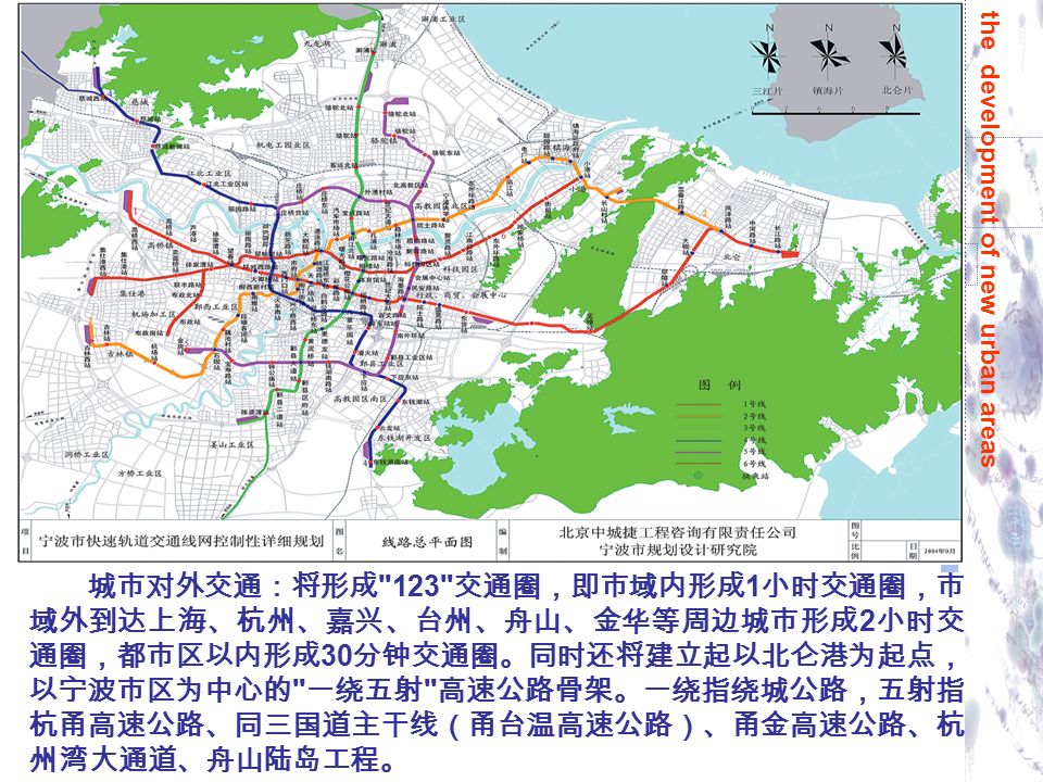 材 料 城市对外交通：将形成 123 交通圈，即市域内形成 1 小时交通圈，市 域外到达上海、杭州、嘉兴、台州、舟山、金华等周边城市形成 2 小时交 通圈，都市区以内形成 30 分钟交通圈。同时还将建立起以北仑港为起点， 以宁波市区为中心的 一绕五射 高速公路骨架。一绕指绕城公路，五射指 杭甬高速公路、同三国道主干线（甬台温高速公路）、甬金高速公路、杭 州湾大通道、舟山陆岛工程。