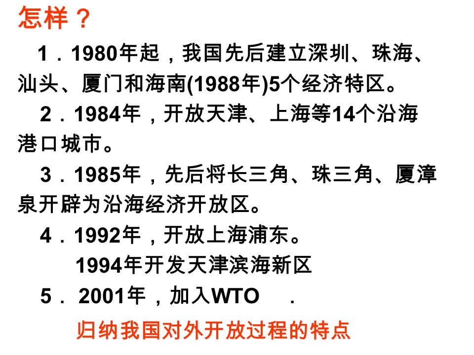 1 ． 1980 年起，我国先后建立深圳、珠海、 汕头、厦门和海南 (1988 年 )5 个经济特区。 2 ． 1984 年，开放天津、上海等 14 个沿海 港口城市。 3 ． 1985 年，先后将长三角、珠三角、厦漳 泉开辟为沿海经济开放区。 4 ． 1992 年，开放上海浦东。 1994 年开发天津滨海新区 5 ． 2001 年，加入 WTO ． 怎样？ 归纳我国对外开放过程的特点