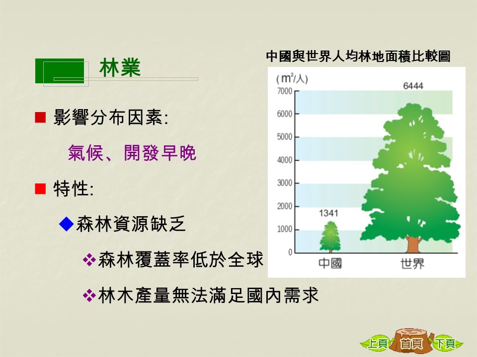 影響分布因素 : 氣候、開發早晚 特性 :  森林資源缺乏  森林覆蓋率低於全球  林木產量無法滿足國內需求 林業 中國與世界人均林地面積比較圖