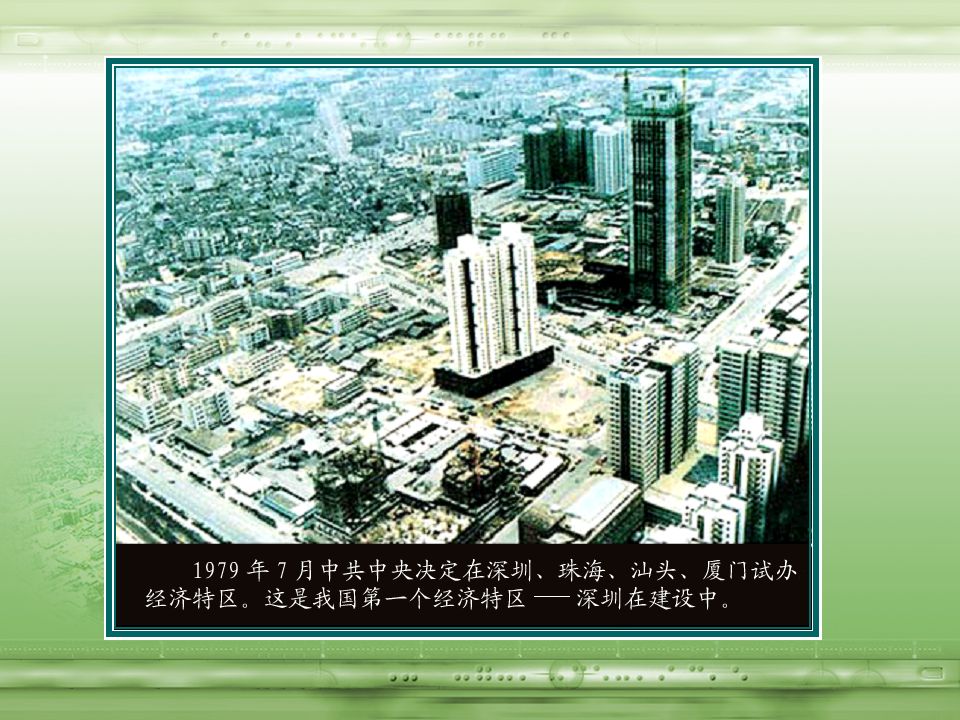 一、经济特区的建立 3. 深圳特区的经济发展 1. 深圳、珠海、汕头、厦门四个 经济特区的建立 (1980 年 ) 2. 海南建省及将海南岛建为经济 特区 (1988 年 )