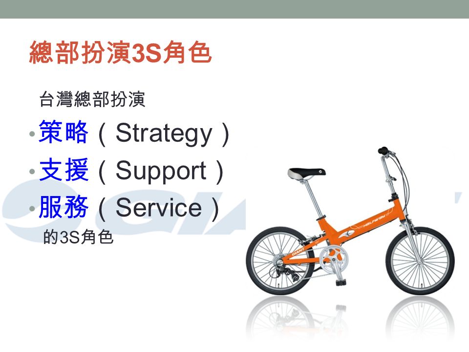 總部扮演 3S 角色 台灣總部扮演 策略（ Strategy ） 支援（ Support ） 服務（ Service ） 的 3S 角色