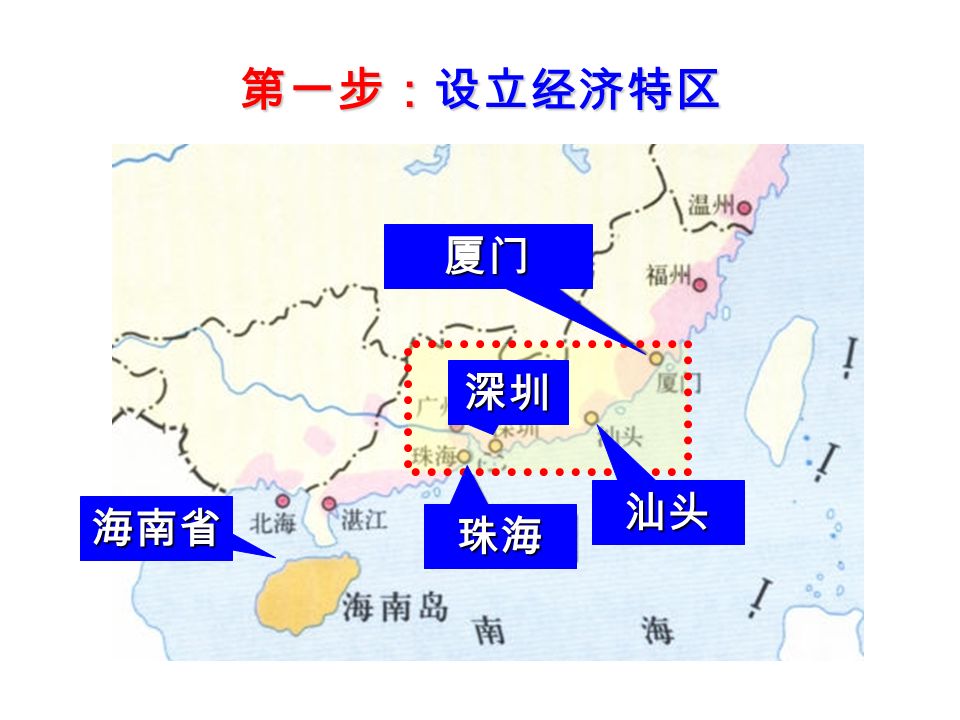 第一步：设立经济特区 海南省 深圳 厦门 珠海 汕头