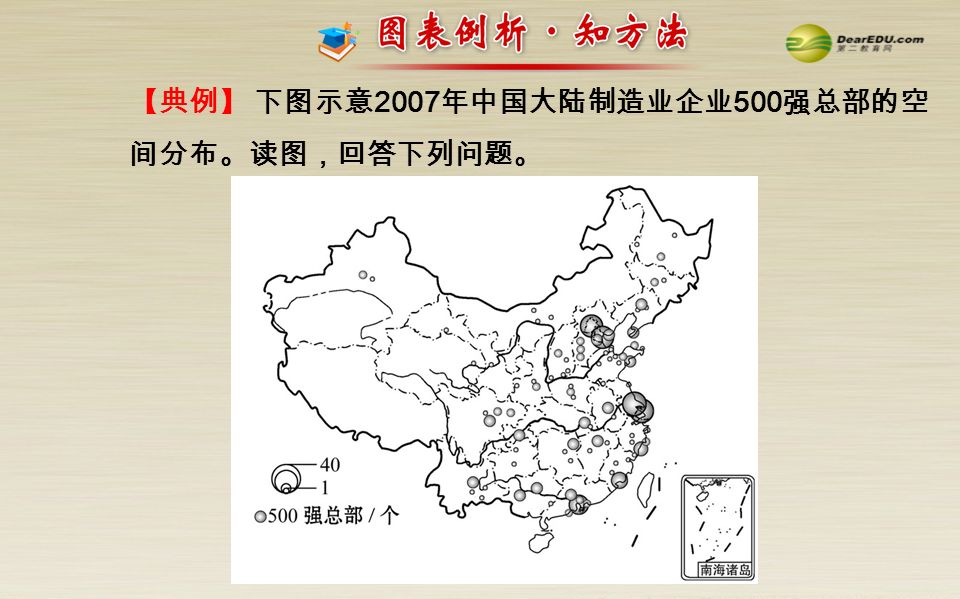 【典例】 下图示意 2007 年中国大陆制造业企业 500 强总部的空 间分布。读图，回答下列问题。