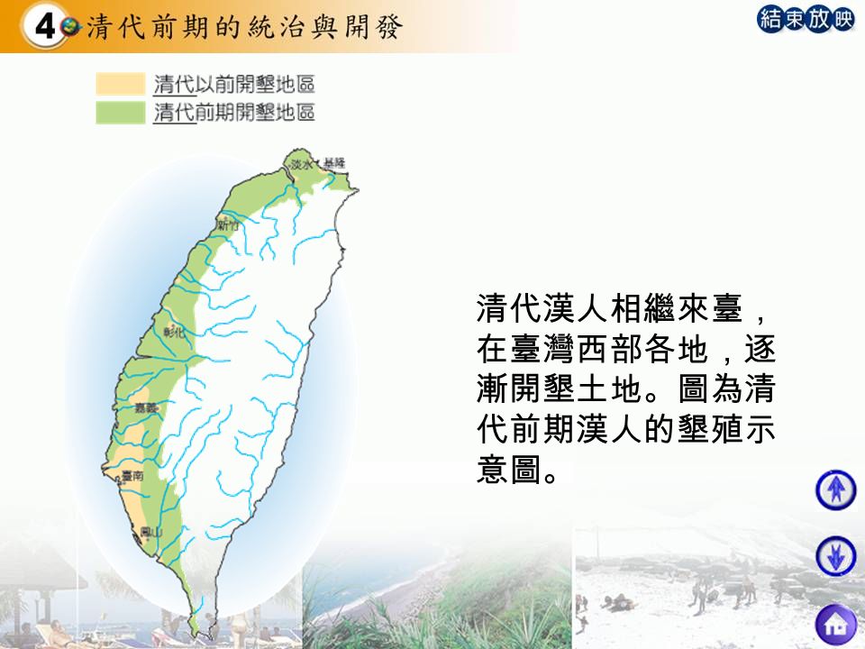 清代漢人相繼來臺， 在臺灣西部各地，逐 漸開墾土地。圖為清 代前期漢人的墾殖示 意圖。