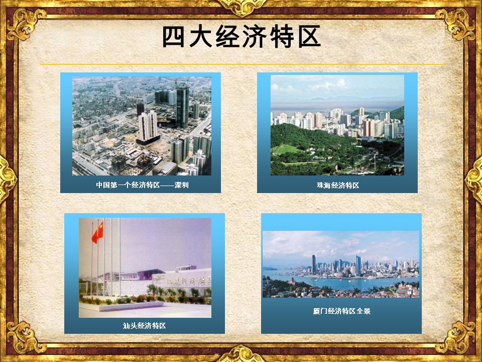 四大特区：深圳、珠海、汕头、厦门 开发区：上海浦东开发区 深圳等经济特区的建立 增 设 : 海南经济特区 开放 14 个沿海城市