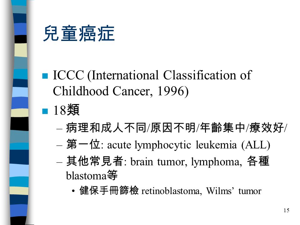 15 兒童癌症 n ICCC (International Classification of Childhood Cancer, 1996) n 18 類 – 病理和成人不同 / 原因不明 / 年齡集中 / 療效好 / – 第一位 : acute lymphocytic leukemia (ALL) – 其他常見者 : brain tumor, lymphoma, 各種 blastoma 等 健保手冊篩檢 retinoblastoma, Wilms’ tumor