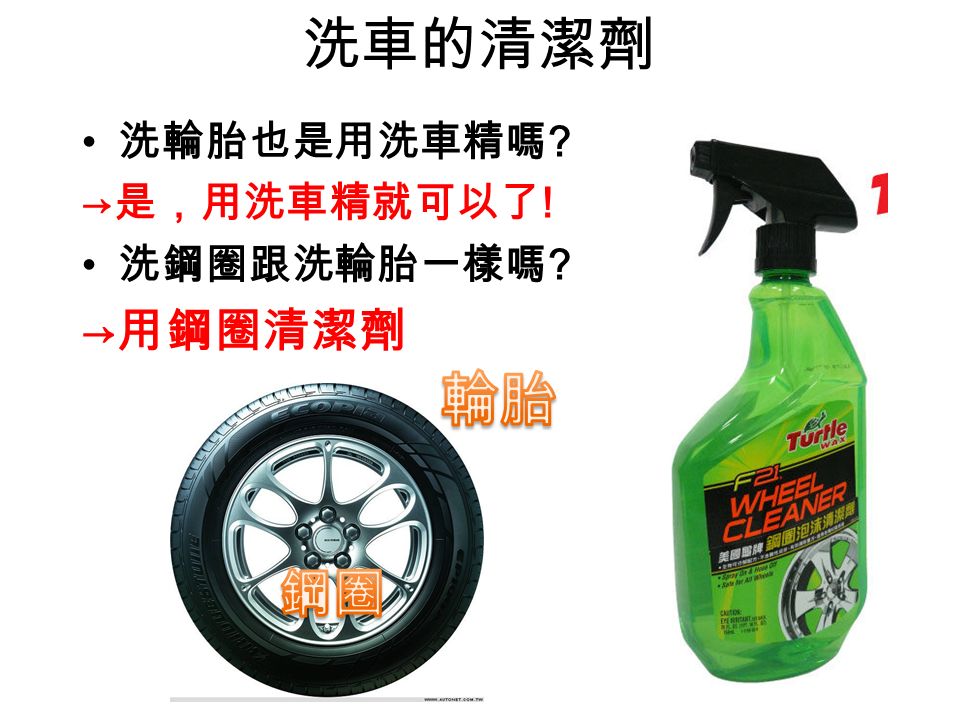 洗車的清潔劑 洗輪胎也是用洗車精嗎 → 是，用洗車精就可以了 ! 洗鋼圈跟洗輪胎一樣嗎 → 用鋼圈清潔劑