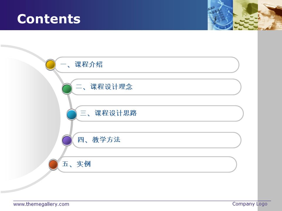 Company Logo Contents 五、实例 四、教学方法 三、课程设计思路 二、课程设计理念 一、课程介绍