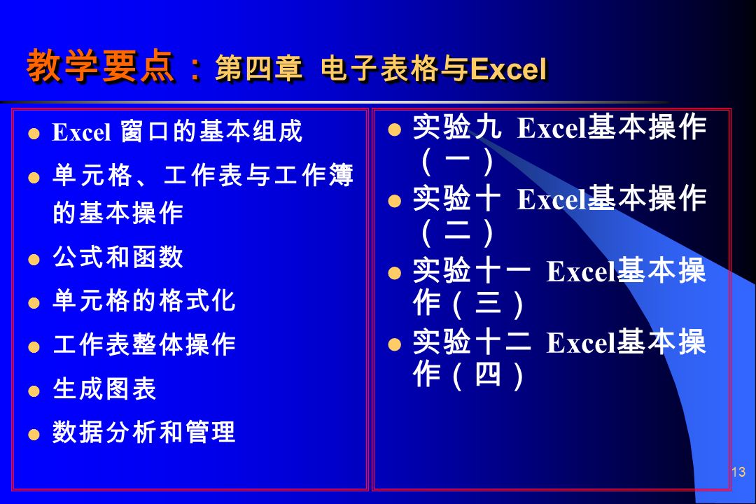 13 教学要点： 第四章 电子表格与 Excel 实验九 Excel 基本操作 （一） 实验十 Excel 基本操作 （二） 实验十一 Excel 基本操 作（三） 实验十二 Excel 基本操 作（四） Excel 窗口的基本组成 单元格、工作表与工作簿 的基本操作 公式和函数 单元格的格式化 工作表整体操作 生成图表 数据分析和管理