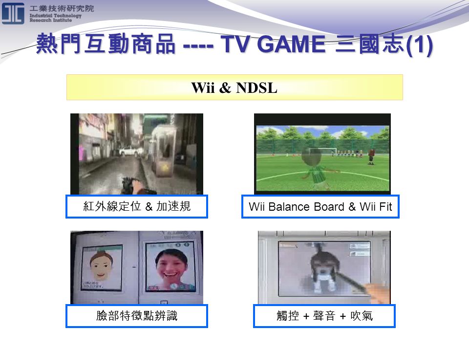 熱門互動商品 ---- TV GAME 三國志 (1) Wii & NDSL 紅外線定位 & 加速規 Wii Balance Board & Wii Fit 臉部特徵點辨識觸控 + 聲音 + 吹氣