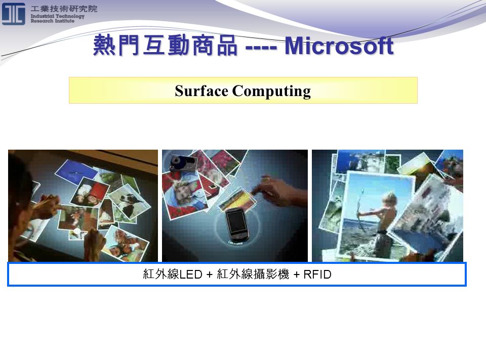 熱門互動商品 ---- Microsoft Surface Computing 紅外線 LED + 紅外線攝影機 + RFID